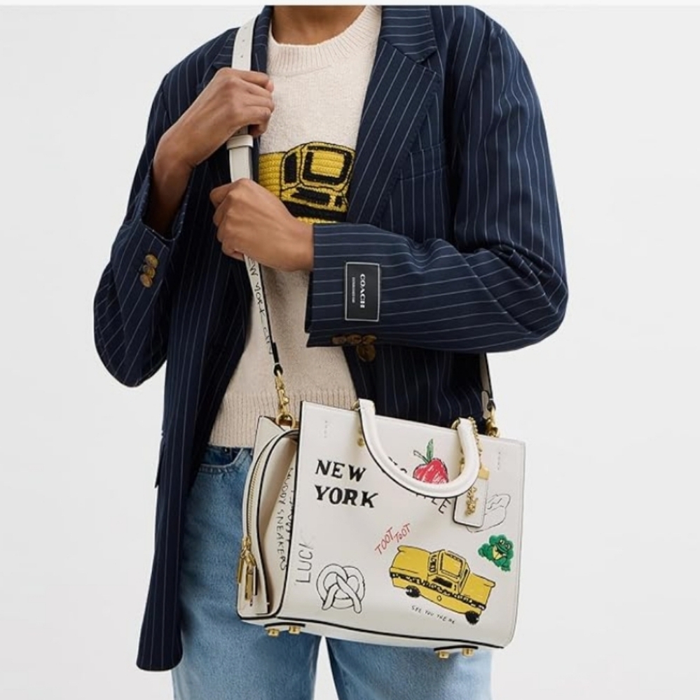 Coach Rogue 25 NYC Sketch Print Leather Satchel Crossbody Bag Chalk White - Picture 5 of 16